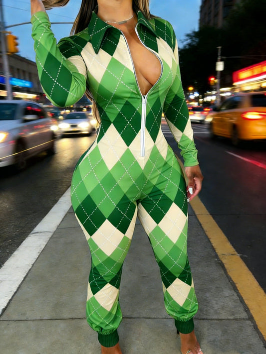 Khaki Diamond Geometric Pattern Women'S Half Zipper Jumpsuit | Retro Color Block Print, Long Sleeved Lapel, Hip-hop Style, Spring Season, Machine Washable, Casual Wear, Suit