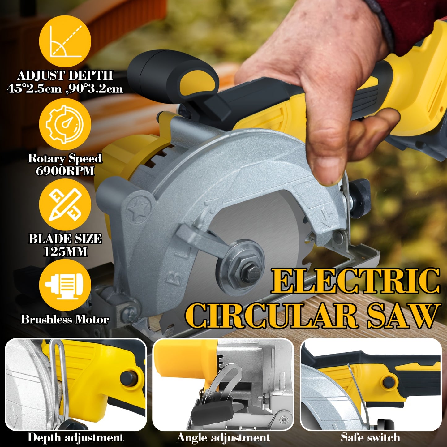 5 Inch Brushless Cordless Circular Saw, 2*3Ah Battery Powered, Adjustable Depth And Angle (0-45°), Four 5-inch Saw Blades, 6900RPM Power Wood Saw with Brushless Motor & Dijital Display, Portable for Wood, Metal, DIY Projects