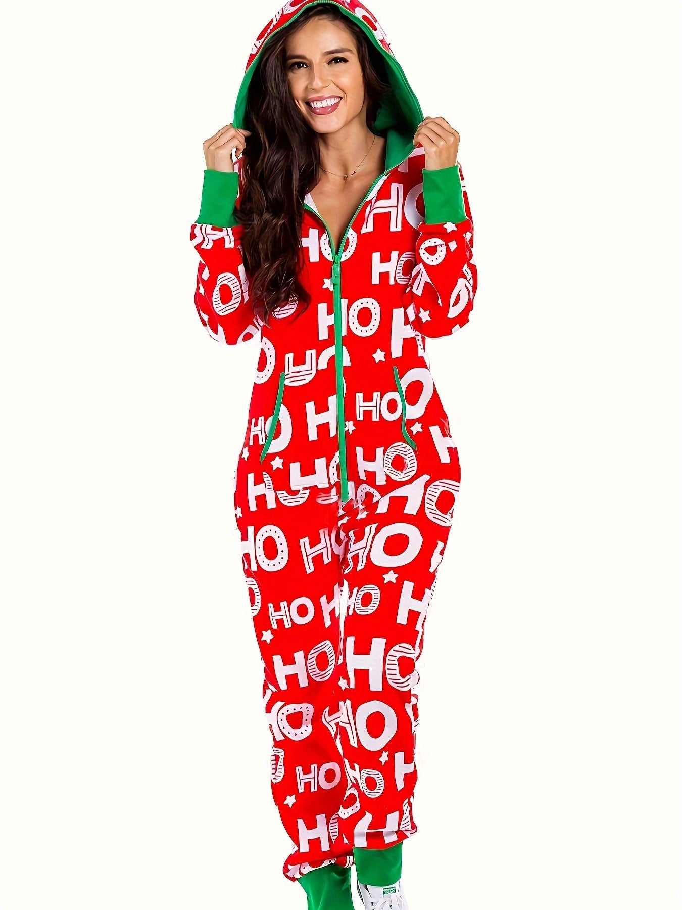 Ladies Festive Christmas Hooded Jumpsuit - Comfortable Long Sleeve "HO HO" Print, Front Zipper, Red and Green Festive Design, Machine Washable, Perfect for Fall/ Winter Parties, Christmas Clothes, Holiday Outfit, Seasonal Fas