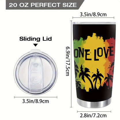 1-Pack 20oz Insulated Stainless Steel Tumbler with Lid - One Love Reggae-Themed Leakproof & -Slip Travel Cup, Green/Yellow/Red Rasta Colors, Flag Design for Camping, Office, Parties - Hand Wash Only (Bob Marley Inspired)