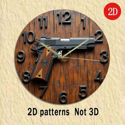 2D Flat Acrylic Wall Clock with Gun Design - Silent Non-Ticking Battery Operated (AA Not Included) - Modern Home Office Dorm Decor - Unique Christmas Halloween Birthday Gift, 2D Flat