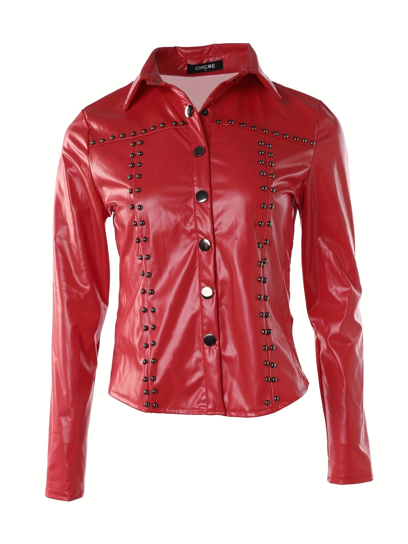 Solid PU Blouse, Sexy Slim Button Front Long Sleeve Collar Blouse, Women's Clothing