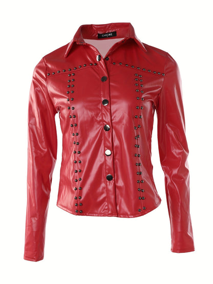 Solid PU Blouse, Sexy Slim Button Front Long Sleeve Collar Blouse, Women's Clothing