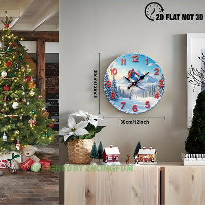 1pc Silent Non-Ticking Wall Clock with Skiing Scene in Snowy Mountains - Large Round - Quiet Movement, Wood Frame Suitable for Nursery, Room, Office, Christmas Holiday Decor - 10in & 12in Teaching Clock, 2D Flat