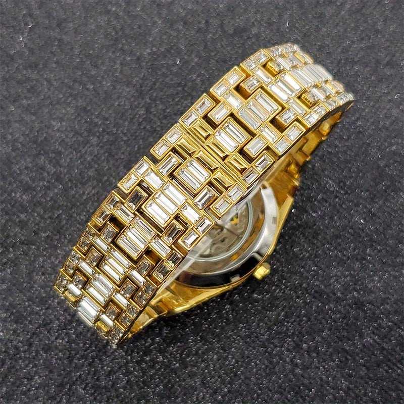 Automatic Hollow Mechanical Watch Men'S Tourbillon Mechanical Watch Luxury All Rhinest Glass Transparent Bottom Men'S Watch Gift, Without Battery