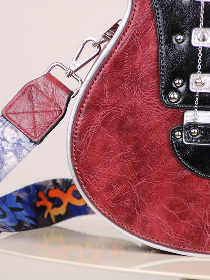 Women's & Unisex Y2K Retro Music-Themed Bass Guitar-Shaped Crossbody Bag with Detachable Strap, Golden-Tone Hardware & Zipper Closure - Band Style Handbag for Musicians & Music Lovers (Red/Black) - 2024 New Design with Chain