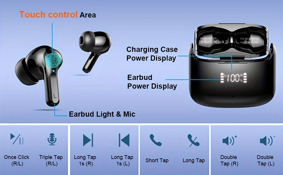 Wireless Earbud, Wireless Headphones 5.3 Stereo Bass Earphones, Ear Buds 40H Dual Mic Call, Earbud in-Ear USB-C LED Display Sport Headset