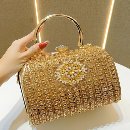 Glamorous Black & Golden Rhinestone Embellished Clutch with Detachable Strap - Sparkly Geometric Evening Bag for Parties, Banquets, and Formal Gatherings, Banquet Accessory | Polyester Construction, Party Purse