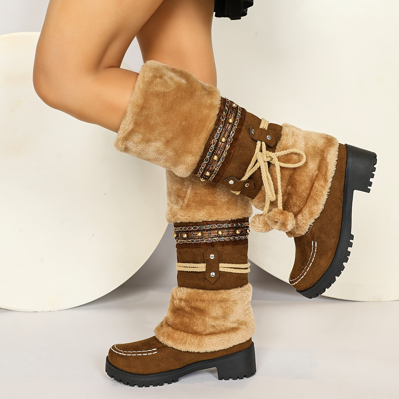 Ethnic Cowboy Boots for Men - Women's Mid-Calf Boots - High Heel Ankle Boots with Faux Fur Lining - Autumn and Winter