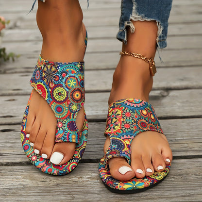 Women's Bohemian Floral Slide Sandals - Slip-On Open Toe Summer Shoes with Pink, Lightweight Flat Sandals for Beach, Casual Outfits - Easy Slip Closure & Non-Slip PU Sole, Beach Footwear