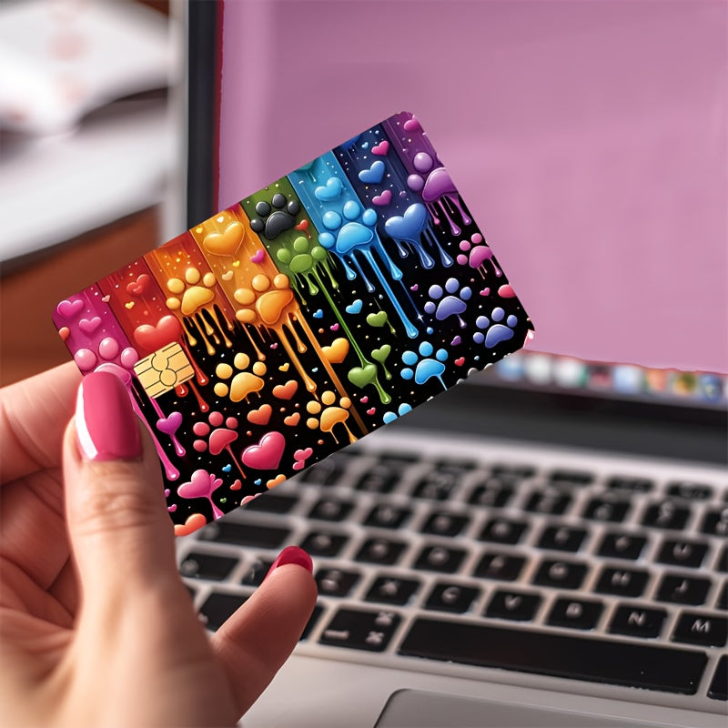 Vibrant Multicolor Heart & Paw Print Sticker Decals - Glossy-Like Matte Finish Temporary ID Holders for Credit Cards, Debit Cards, Keys, Room Access & Light Stickers - Easy Peel & Stick, One-Time Use, Durable Adhesive (No Res