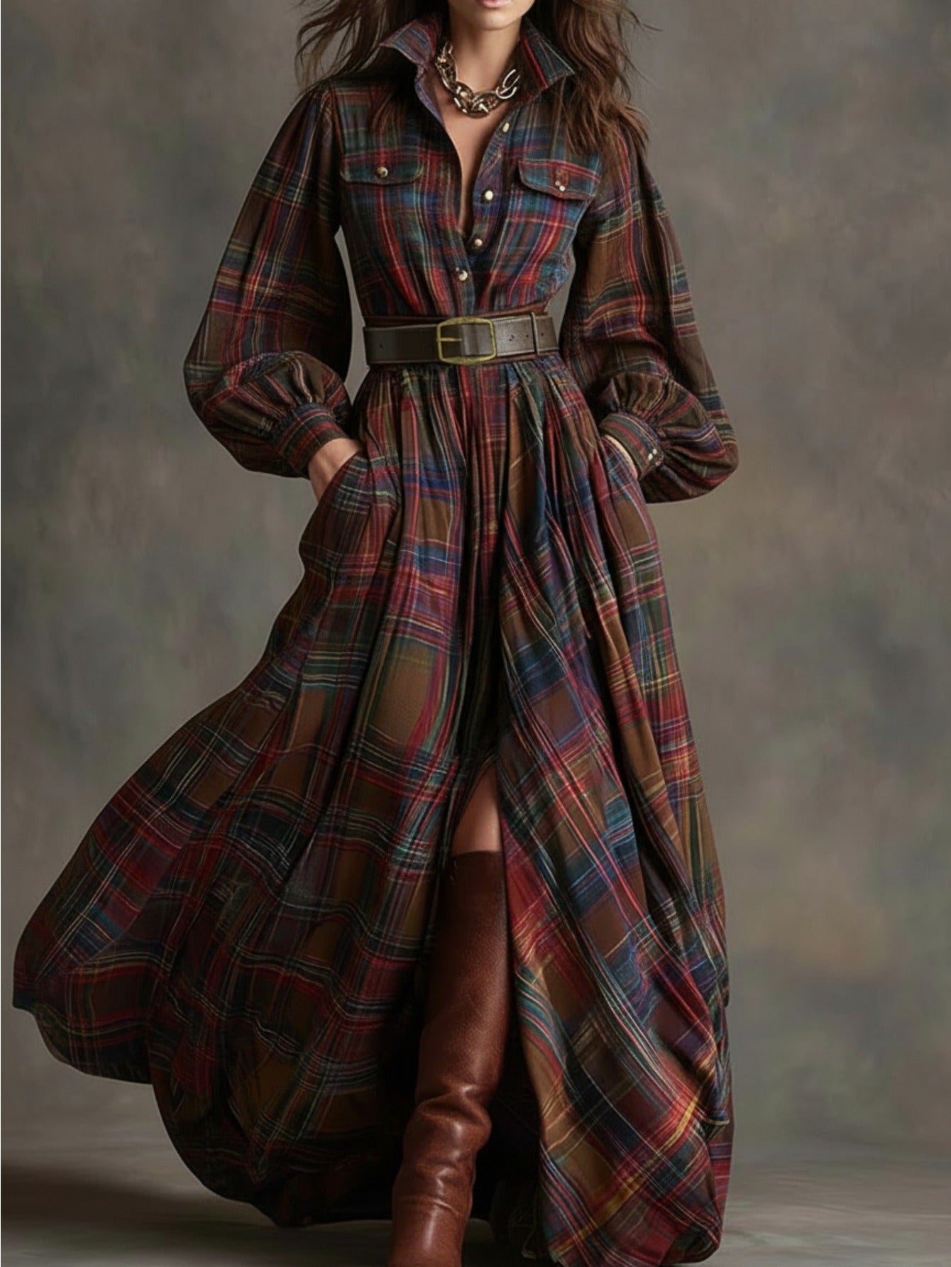 [Vintage Belted Dress] Women' Vintage Belted Waist-Defining Long Dress with Puff Sleeves - -Line Collar Dress Suitable for Date Nights, Parties & Winter Events - Retro Formal Dress