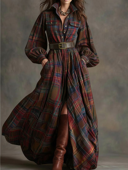 [Vintage Belted Dress] Women' Vintage Belted Waist-Defining Long Dress with Puff Sleeves - -Line Collar Dress Suitable for Date Nights, Parties & Winter Events - Retro Formal Dress