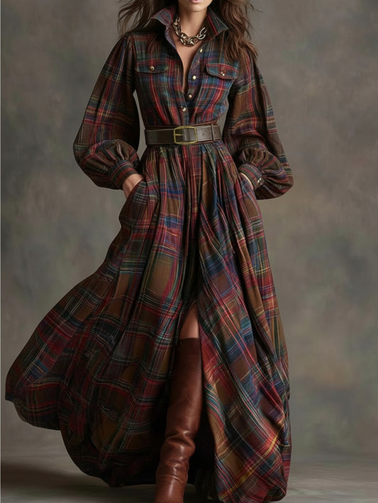 [Vintage Belted Dress] Women' Vintage Belted Waist-Defining Long Dress with Puff Sleeves - -Line Collar Dress Suitable for Date Nights, Parties & Winter Events - Retro Formal Dress