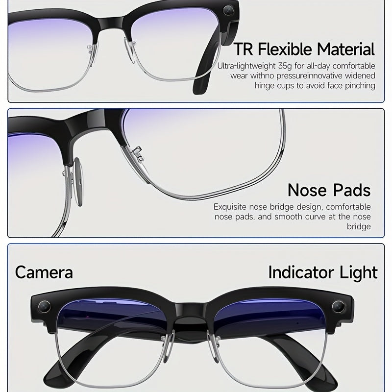 New Smart AI Glasses for Photo And Video Recording, with 800W Pixel Ultra-wide Camera, High-definition Video 1080P, Anti-shake for Photography And Video, Blue Light Blocking, Dual-mic Noise Reduction, AI Voice Control, Wi-Fi