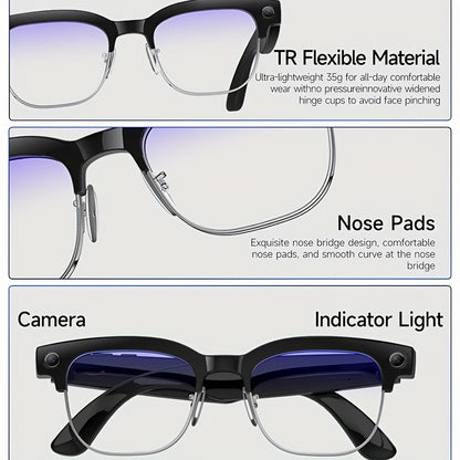 New Smart AI Glasses for Photo And Video Recording, with 800W Pixel Ultra-wide Camera, High-definition Video 1080P, Anti-shake for Photography And Video, Blue Light Blocking, Dual-mic Noise Reduction, AI Voice Control, Wi-Fi
