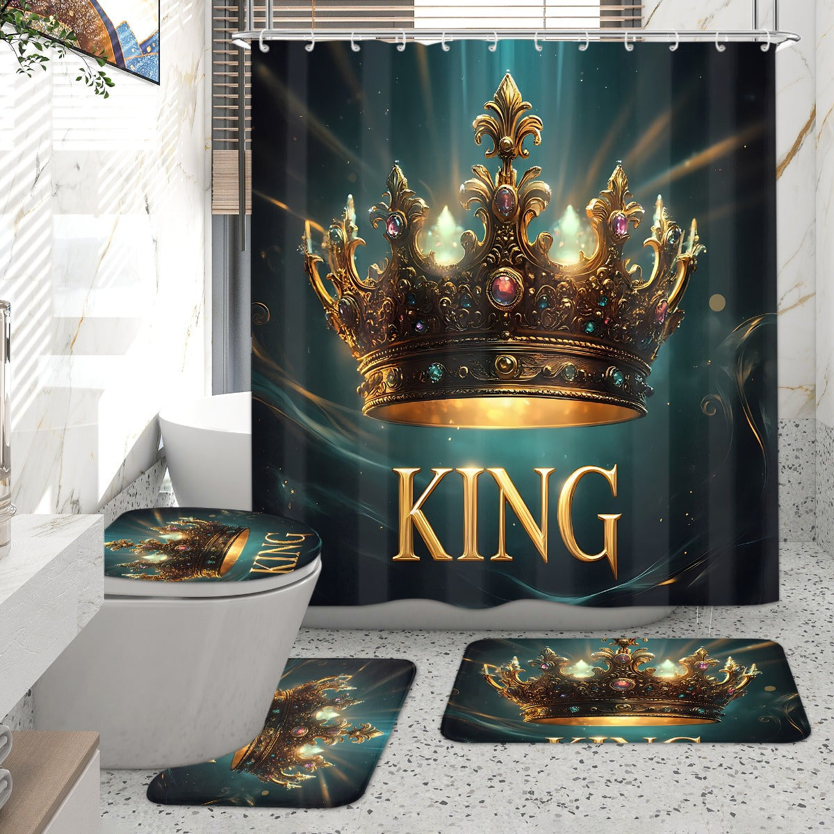 4pcs King Pattern Shower Curtain Set, Fashion Bathroom Curtain Set with 12 Hooks Included, Matching Anti Slip Mats & Toilet Covers, Modern Bathroom Accessories Ideal for Home Decor & Housewarming Gift