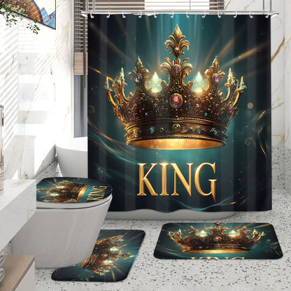 4pcs King Pattern Shower Curtain Set, Fashion Bathroom Curtain Set with 12 Hooks Included, Matching Anti Slip Mats & Toilet Covers, Modern Bathroom Accessories Ideal for Home Decor & Housewarming Gift