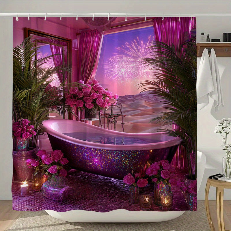1/4pcs Dreamy Bathtub Night Scene Print Set, Extra Wide Circular Shower Curtain, Includes Non-Slip Mat, Toilet Seat Cover, Floor Mat, and 12 Plastic Hooks, Bathroom Accessories, Holiday Decoration, Home Gift, Shower Curtain S