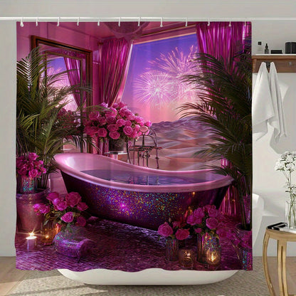 1/4pcs Dreamy Bathtub Night Scene Print Set, Extra Wide Circular Shower Curtain, Includes Non-Slip Mat, Toilet Seat Cover, Floor Mat, and 12 Plastic Hooks, Bathroom Accessories, Holiday Decoration, Home Gift, Shower Curtain S