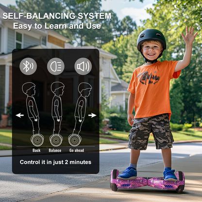 6.5" Hoverboard for Kids, LED Lights, Self-Balance Technology, Music Player, Gift for Children, Teenagers And Adults, Maximum Speed Up to 7.5mph, Maximum Range Of 7.5 Miles, 300W, Fun Ride, Urban Commuting, Sleek Design, Mode