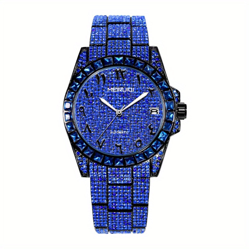1pc Men'S Luxury Blue Steel Strap Watch - Gorgeous Starry Sky Tourbillon Mechanical Movement, Round Dial with Date Display, Alloy Case & Strap, No Battery Needed, Elegant Timepiece for Casual Attire, Formal Accessory, Sophist