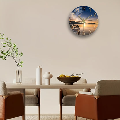 12 Inch Silent Glass Wall Clock with Sunset Mountain Lake Scene & Boat Design - Thickened Reinforced Glass, Battery Operated AA (Not Included), Modern Round Clock for Living Room, Bedroom Decor - Perfect Holiday, Birthday Gif