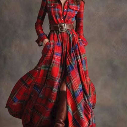 Women'S Autumn-Winter French Retro Elegant Literary Plaid Lapel Maxi Dress | Long Sleeve, Button Details, Vintage Style