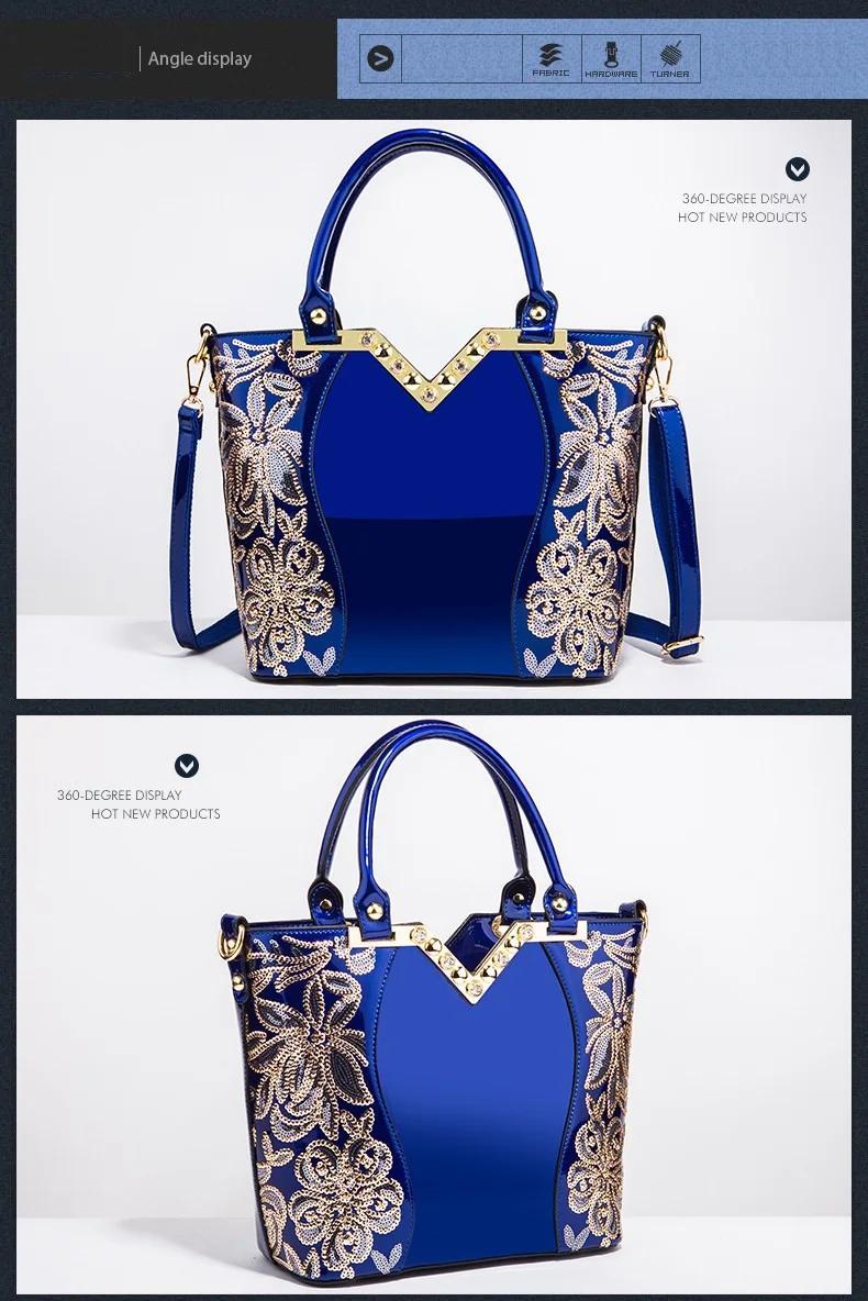 Designer Floral Embroidery Patent Leather Handbag for Women, Large Capacity Shoulder Tote with Zipper Closure, Polyester Lined, Paint Detail, Party Bag
