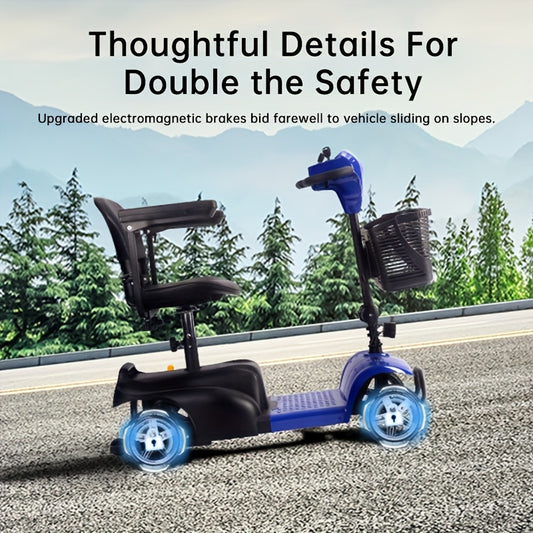 Mobility Aids for The, Four-wheel Foldable Mobility Scooters for Adults, 250w 12V, 12ah 15 Mile Long Range, with LED Headlights And A Detachable Storage Basket. Comes with A Tool Kit, Charger, And Instruction Manual.