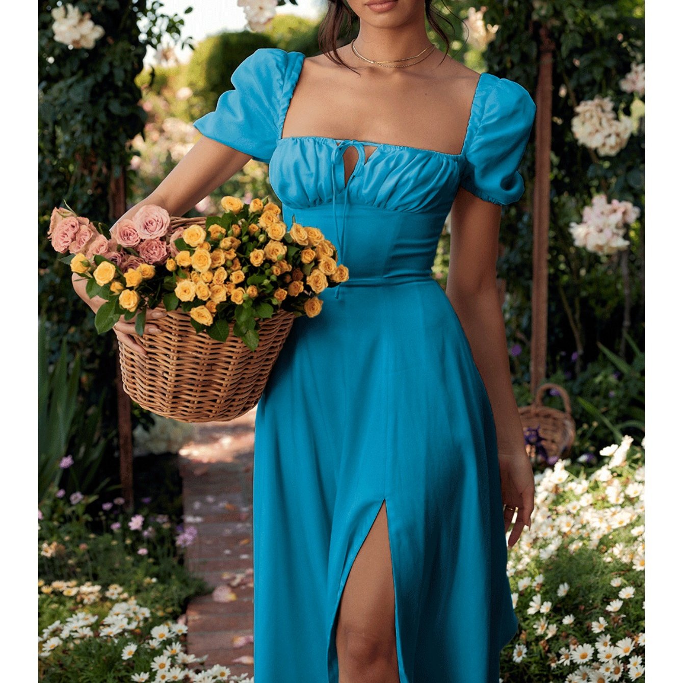 Elegant Puff Sleeve Tie-Waist Dress | High Waist Design, Off the Shoulder, Solid Color, Flared Hem, Midi Length for Spring/Summer Fashion
