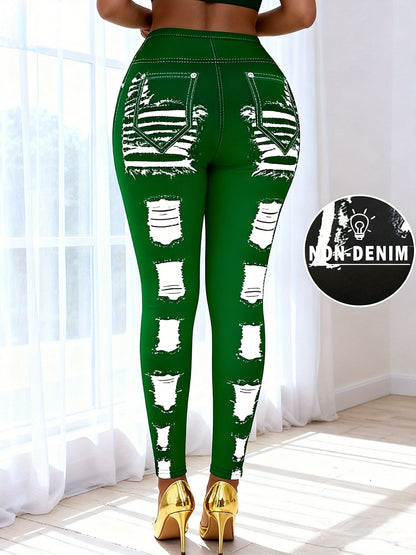 [Printed Pants - Not Denim Fabric] Printed Legging - Not Denim Fabric - Christmas Plus Size Women's Digital Print Denim-Look Leggings, Stretch Polyester, All-Season Casual Slim-Fit Pants, Regular Fit, Adult Sizes, Machine Was