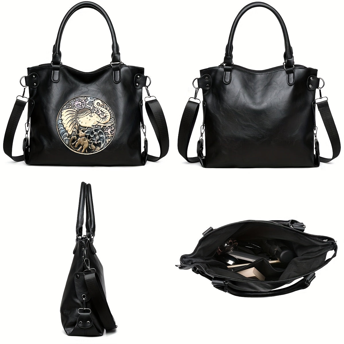 Women'S Large Capacity Tote Bag with Adjustable Strap - Elegant Black & Golden Animal Print (Elephant, Leopard, Lion, Tiger, Dragon) - Durable Synthetic Faux Leather-like Texture, Spacious Everyday Purse for Work, Travel, Ver