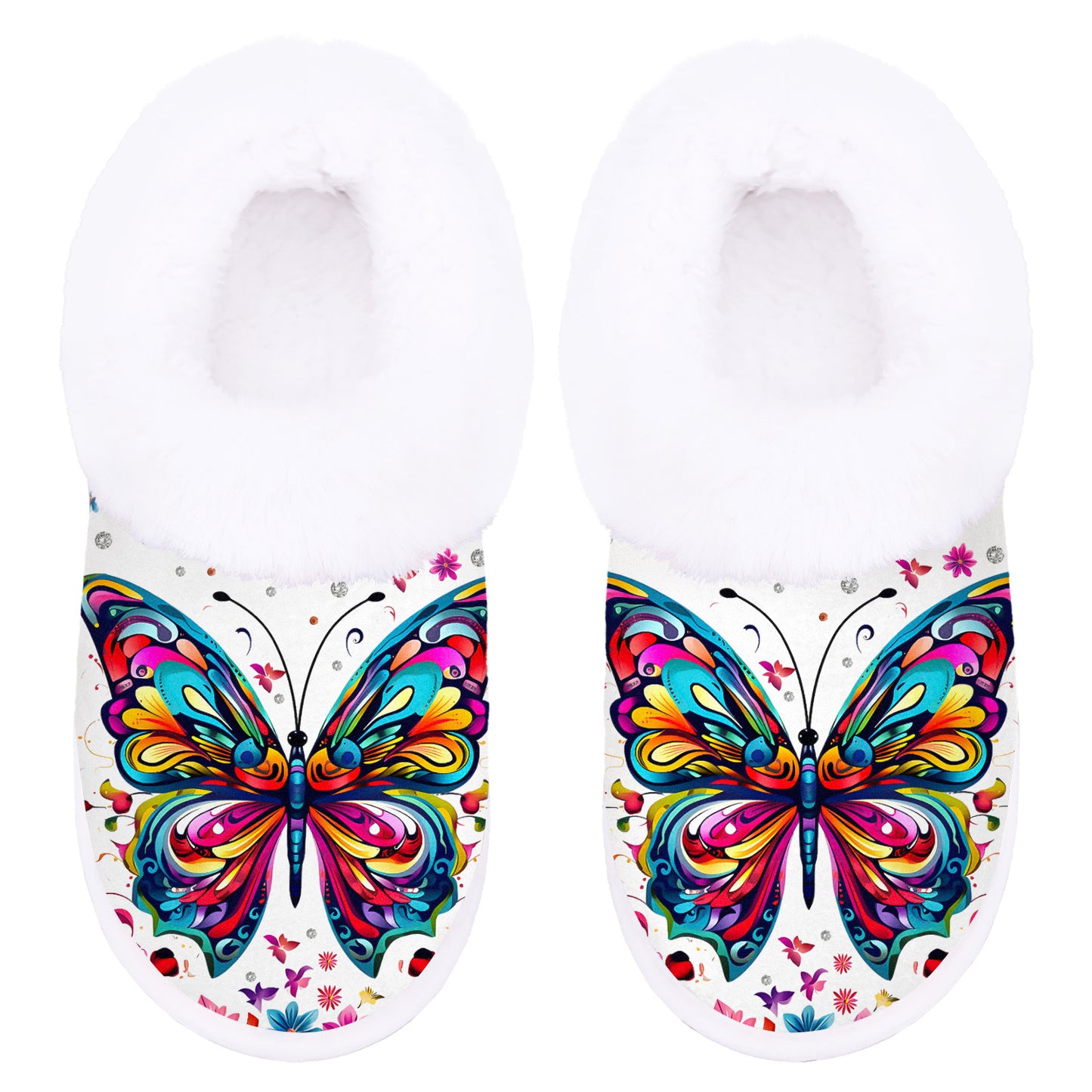 Women's Plush Butterfly Print Slip-On Slippers with Non-Slip Rubber Sole - Cozy Plush Indoor/Outdoor House Shoes, Winter Warm & Butterfly Wing Design (Pink/Blue/Purple/Green/Yellow) - Butterfly-Themed Gift for Grandma, Mom,