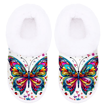 Women's Plush Butterfly Print Slip-On Slippers with Non-Slip Rubber Sole - Cozy Plush Indoor/Outdoor House Shoes, Winter Warm & Butterfly Wing Design (Pink/Blue/Purple/Green/Yellow) - Butterfly-Themed Gift for Grandma, Mom,