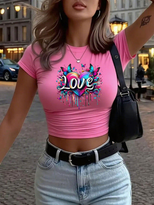 Fun Flower-shaped Letter Creative Pattern Women's Fashionable Short Printed T-shirt, Sexy Slim-fitting Waist-revealing Women's T-shirt, Round-neck Short Women's Tight Top, Classic Three-color Short-sleeved Casual, Elegant, Li
