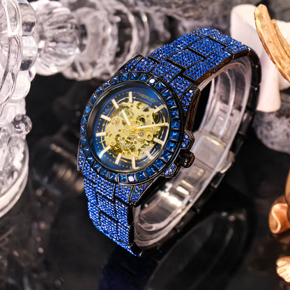 1pc Youth Men's Yellow Blue Steel Band Gorgeous Elegant Automatic Skeleton Tourbillon Mechanical Watch, Men's Fashion Accessory, Luxury Timepiece, Skeleton Dial Design, Elegant Timepiece, Automatic Movement, Durable Construct