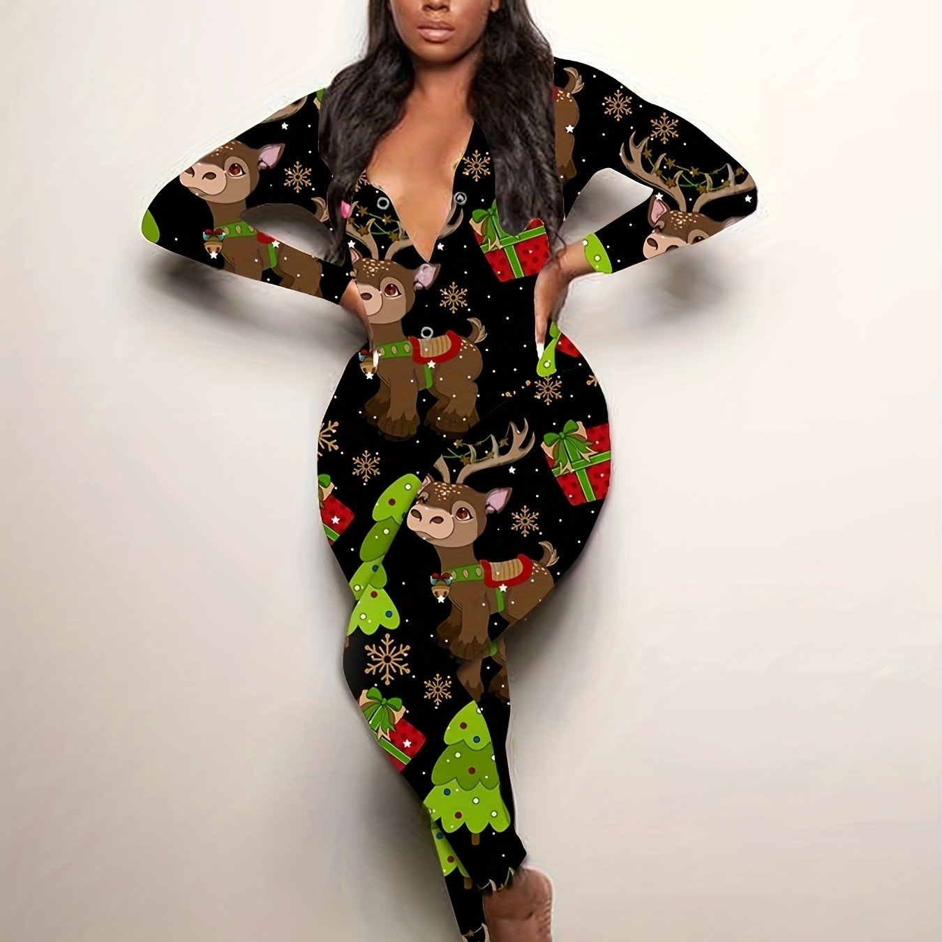 Women'S Christmas Print Off-Shoulder Long Sleeve Jumpsuit - Sexy V-Neck Button-Up Romper with Reindeer & Snowflake Design, Stretchy Polyester Blend, Machine Washable, Perfect for Holiday Loungewear & Sleepwear, Christmas Romp