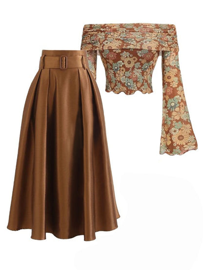 2pcs Set: Vintage Floral Off-Shoulder Bell-Sleeve Top + Brown High-Waisted A-Line Skirt | Fall/Winter Outfits - Perfect for Dates, Afternoon Tea - Women'S Retro-chic Design