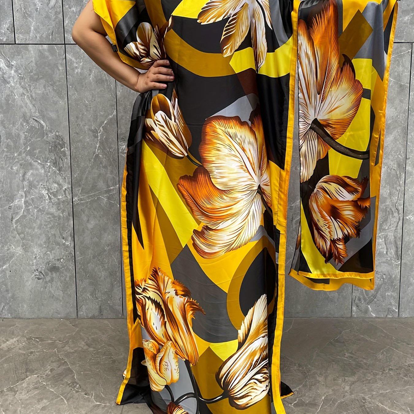 Women'S Plus Size Floral Print Tunic Dress, Polyester 100%, Crew Neck, Batwing Sleeve, Scarf Detail, Loose Fit, Non-Stretch, All-Season, Long Length, Woven, 75g/m², Party Wear