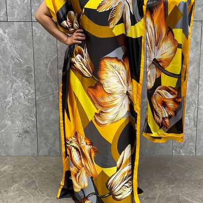 Women'S Plus Size Floral Print Tunic Dress, Polyester 100%, Crew Neck, Batwing Sleeve, Scarf Detail, Loose Fit, Non-Stretch, All-Season, Long Length, Woven, 75g/m², Party Wear