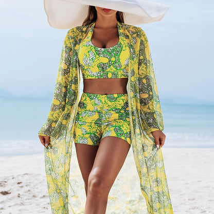 1012 2025 new fashion bikini three-piece blouse, Poolside Attire, Summer Fashion, Chic Blouse, Modern Swimwear, Stretchy Fabric, Breathable Material, Bikini Top, Swim Blouse, Beach Lovers