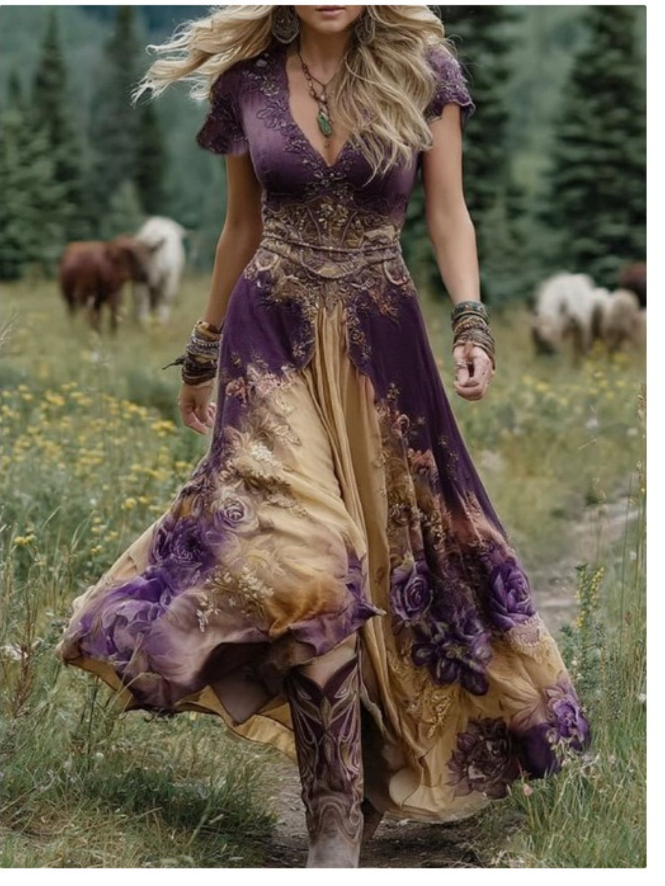 Women's Bohemian A-Line Midi Dress with Pockets - Short Sleeve V-Neck Blue Purple Pink Green Floral print Dress, Lightweight Breathable Fabric Suitable for Spring Summer Fall, Casual to Semi-Formal Occasions