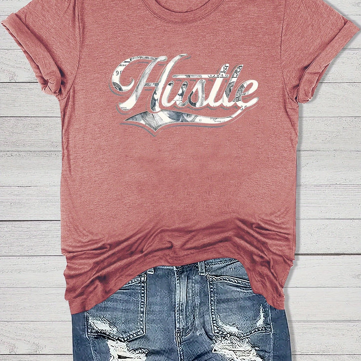 Women'S Casual "Hustle" Graphic Tee - Red Short Sleeve Round Neck T-Shirt with White Artistic Lettering, Lightweight Polyester Blend, Relaxed Fit for Spring & Summer, Casual Summer Wear | Comfortable Fit