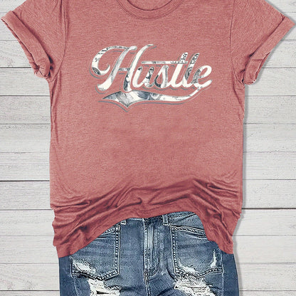 Women'S Casual "Hustle" Graphic Tee - Red Short Sleeve Round Neck T-Shirt with White Artistic Lettering, Lightweight Polyester Blend, Relaxed Fit for Spring & Summer, Casual Summer Wear | Comfortable Fit