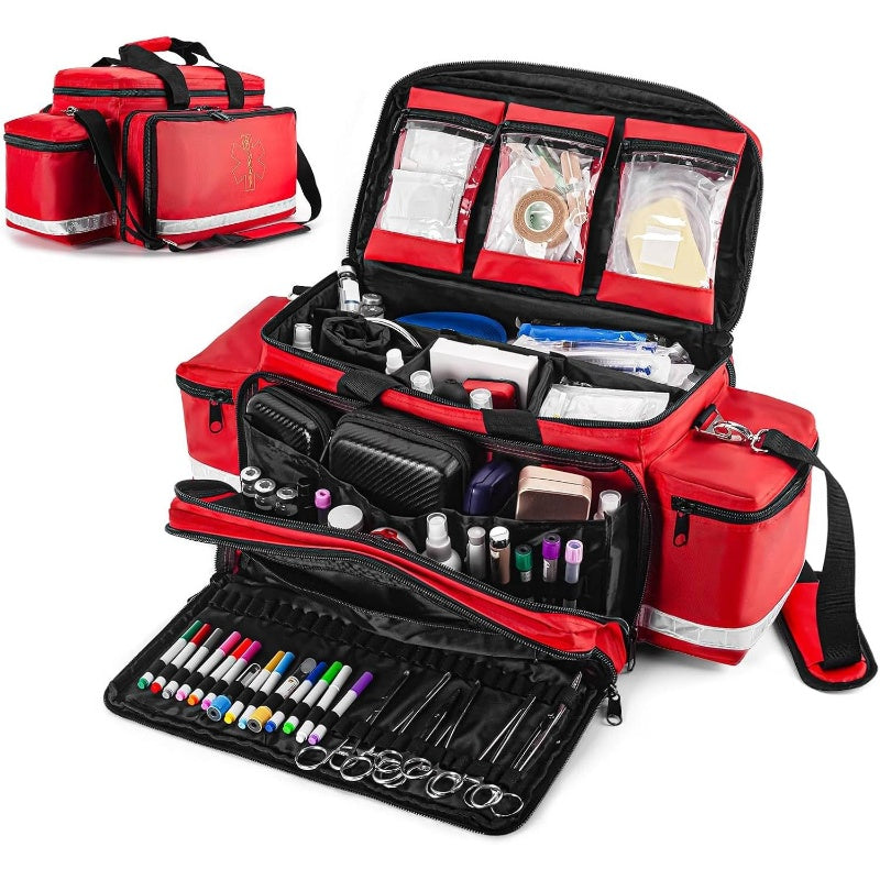 Heavy-Duty EMT Bag with 360° Reflective Safety Design, 4 Dividers & 3 Removable Transparent Pouches - Padded Detachable Strap, 25.8" Large Capacity First Aid Kit for Paramedics, First Responders, Camping, Hiking, Sports - Du