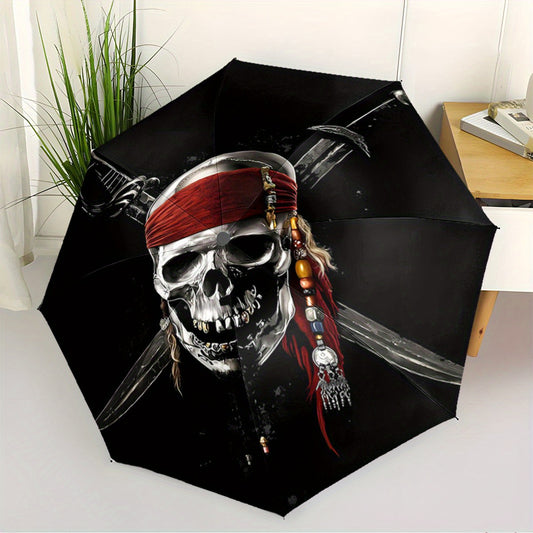 Automatic Open/Close Umbrella with Pirate Skull & Crossed Swords Design - Compact Folding Umbrella, Windproof 8-Rib Shaft, One-Touch Button, Portable for Travel, Cosplay, Themed Parties - Ideal Birthday/Christmas Gift for Pir