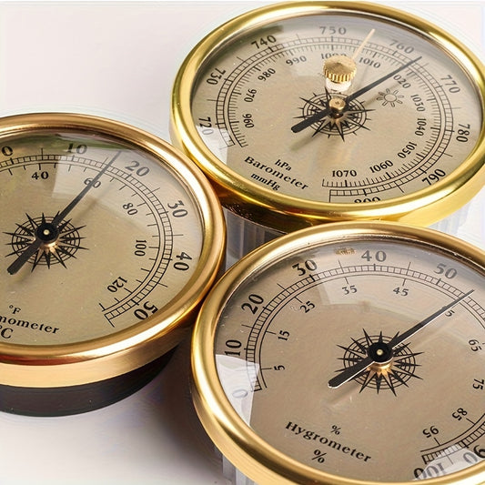 Vintage Golden Temperature and Hygrometer - Mechanical Thermometer & Barometer with Dial, No Battery Needed, Heavy-Duty Metal Construction for Outdoor, Fishing, Weather Station, Home/Office - Portable casing with Directional