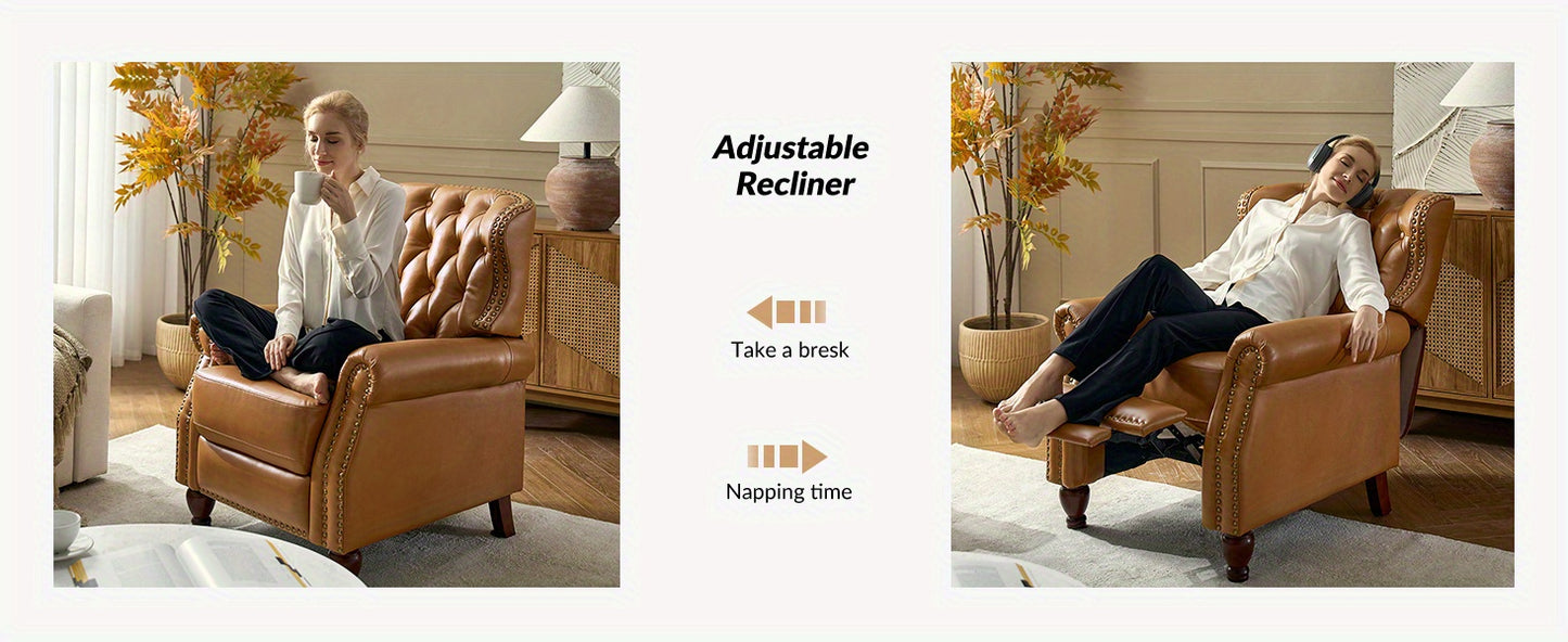Genuine Leather Recliner Chair - Manual Push Back Recliner Sofa w/ Solid Hardwood Legs, Brown Luxury Living Room Armchair, Easy Assembly Non-Electric Recliner for Home Theater & Reading Nook - Durable Leather Upholstery, Soph