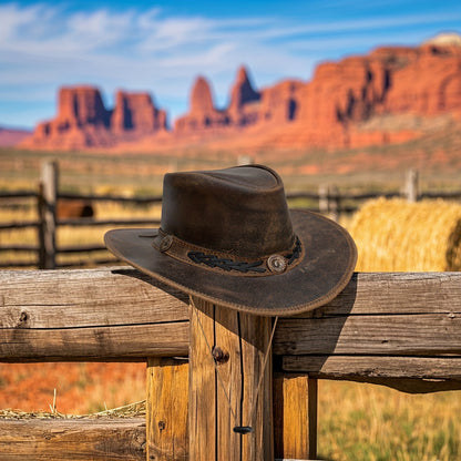 Shapeable Leather Cowboy Hat Into Outback Hat Western Vintage Australian Hats for Men & Women, Festival Unisex Outdoor, High Quality &, Handcrafted Headwear-Stitching, Lightweight Top-Grain Leather, Brass Studs, Adjustable Ch